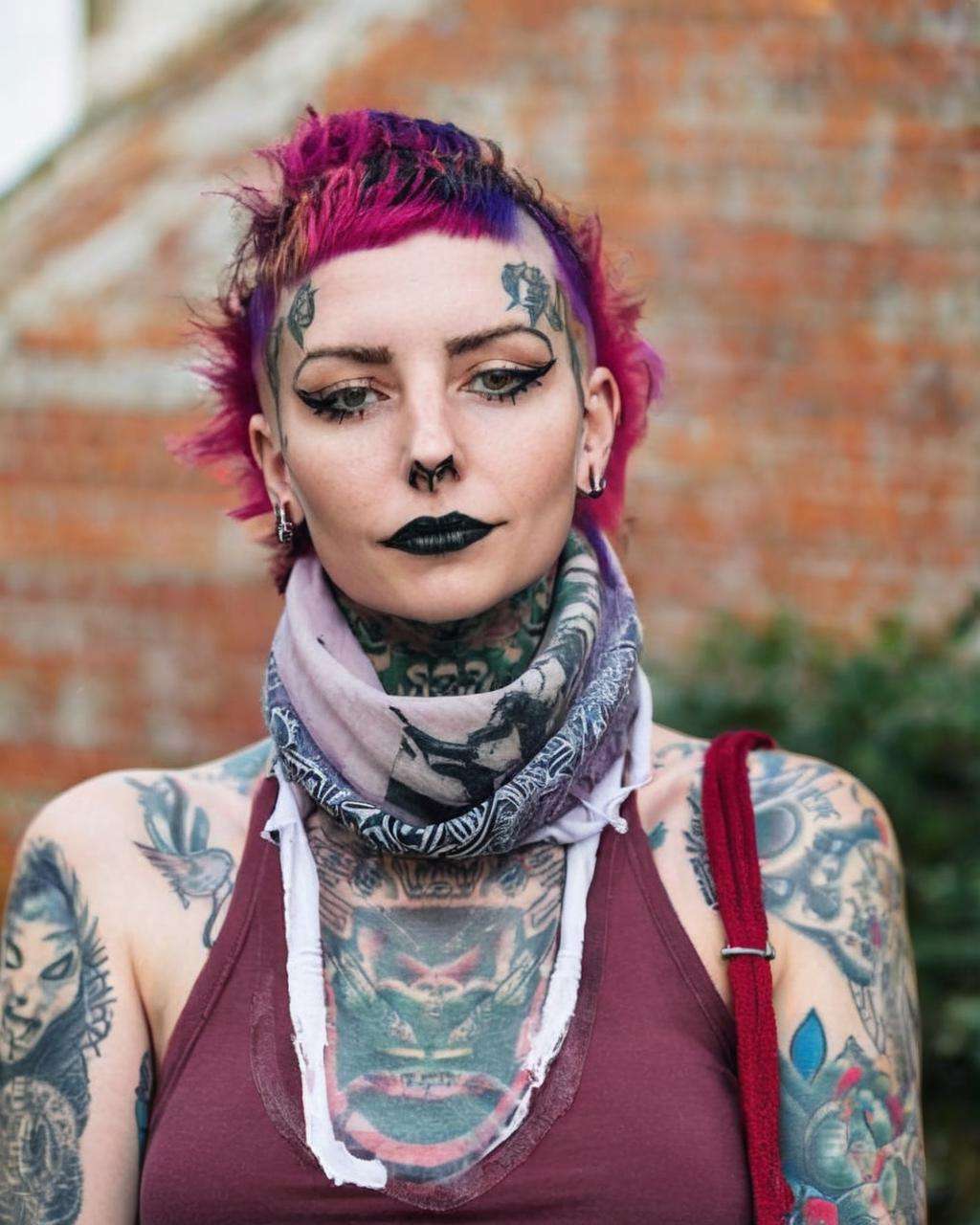 a woman with a scarf around her neck ,  alt_style , alternative culture , alternative style , tattoos:0.2,  <lora:alt_style:1.0>