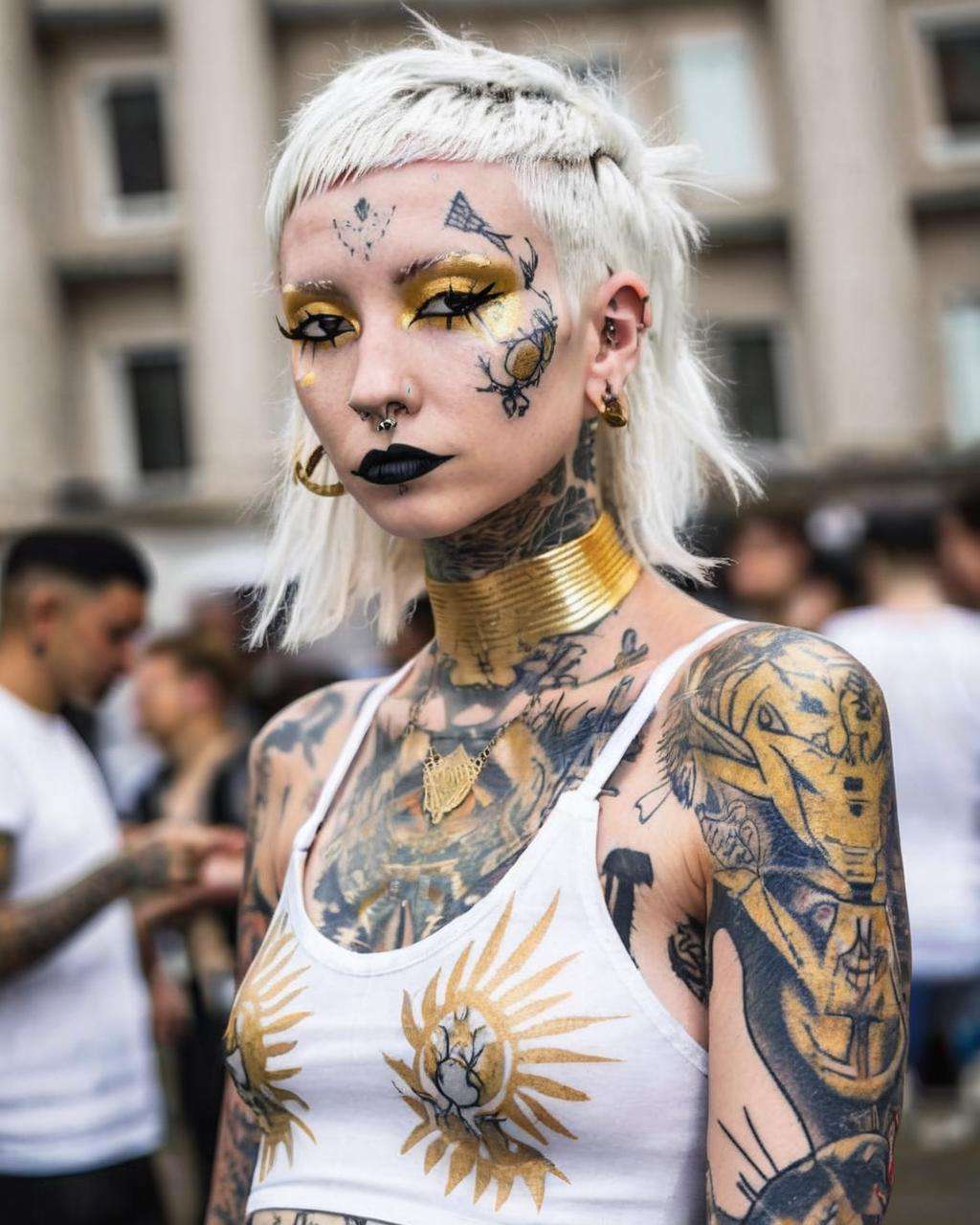 a woman wearing a white and gold outfit ,  alt_style , alternative culture , alternative style , tattoos:0.2,  <lora:alt_style:1.0>