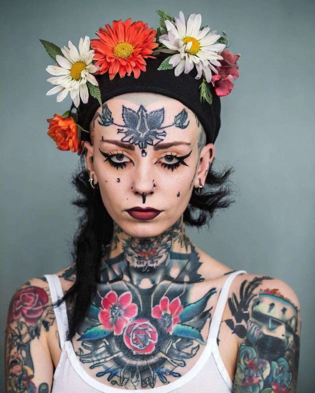 a woman with a hat and a flower on her head ,  alt_style , alternative culture , alternative style , tattoos:0.2,  <lora:alt_style:1.0>