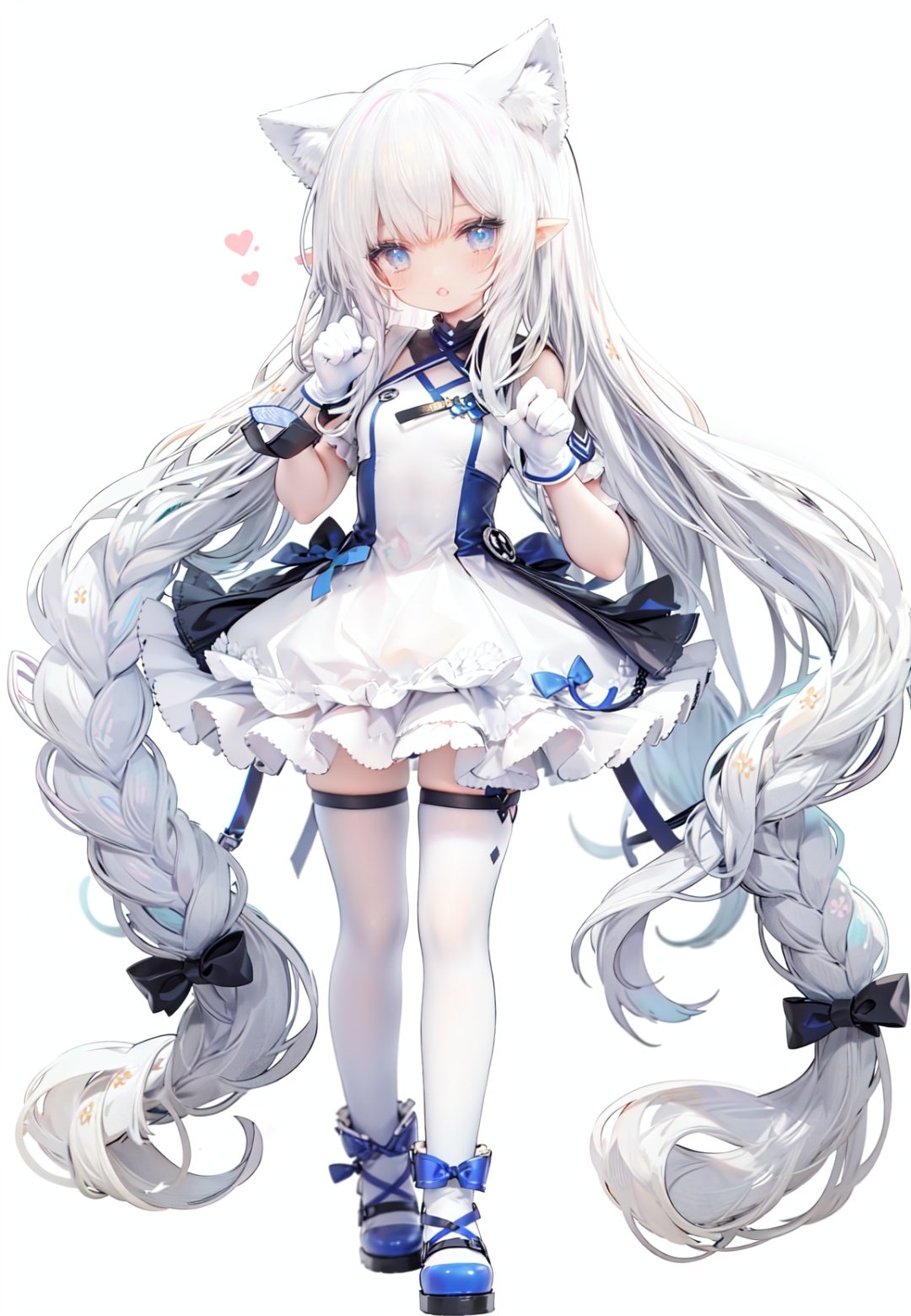 1girl, white_gloves, braid, full_body, gloves, long_hair, official_alternate_costume, pointy_ears, simple_background, solo, standing, very_long_hair, white_background,white hair,blue eyes,paw claw pose, open_mouth,