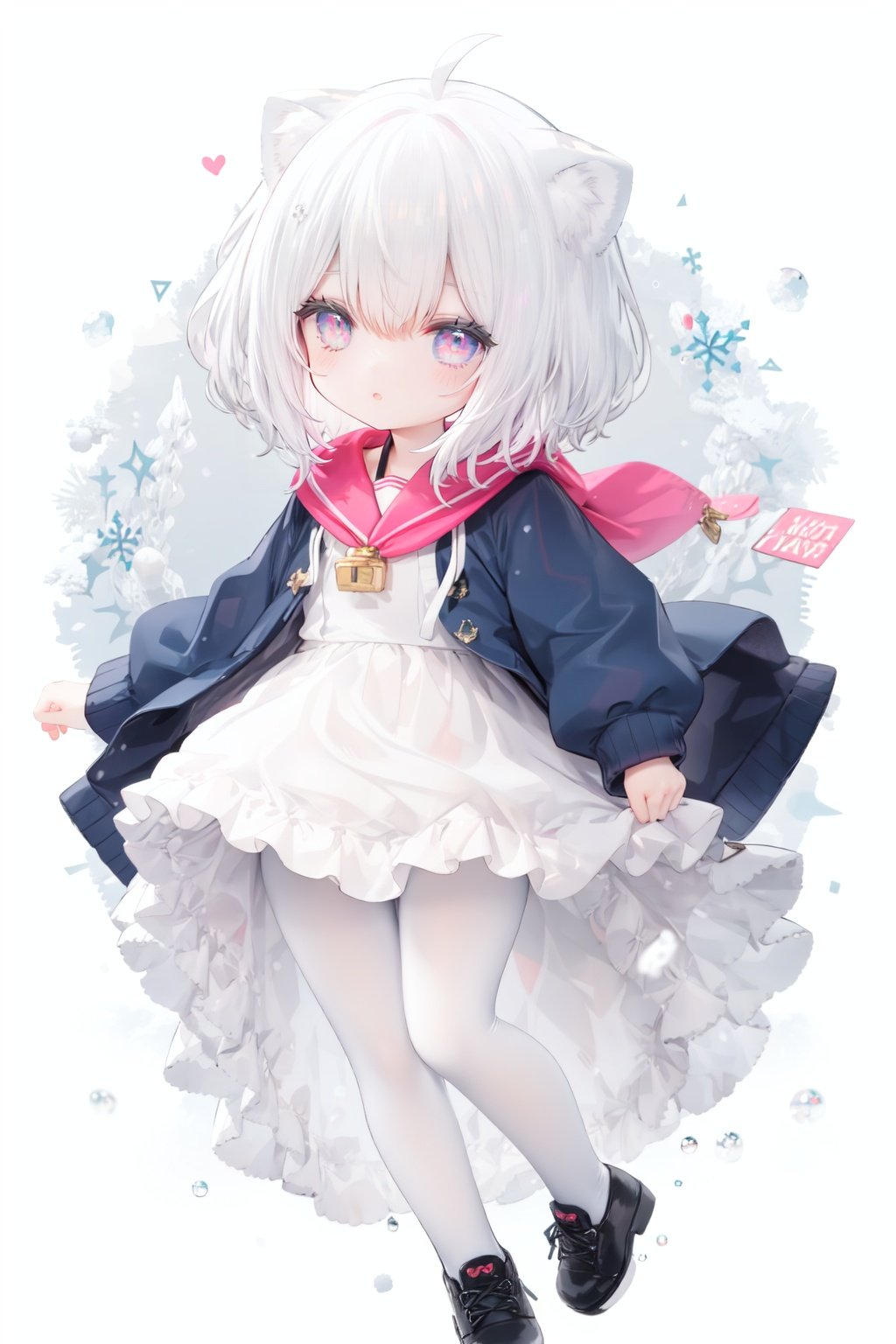 cute,Infant,solo blue shirt,blue sailor coat,loli,full body,white hair,snow leopard ear,white background,pink eyes,laugh,happy,white pantihose,white pantyhose,red armband,