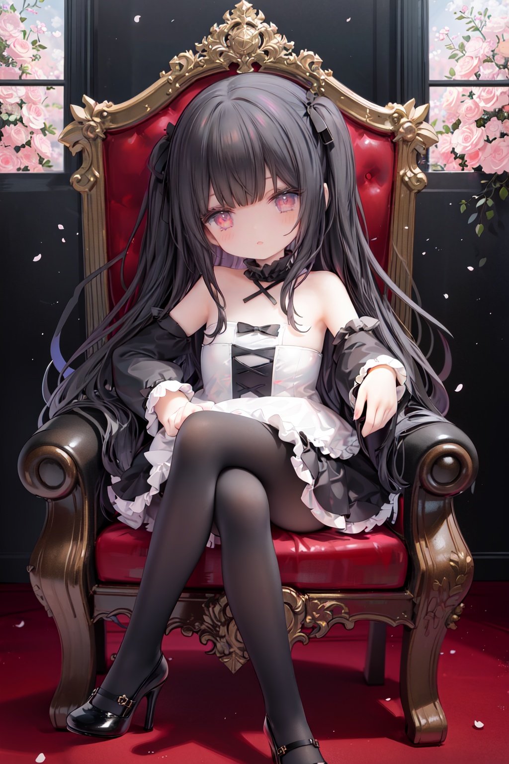 masterpiece, ((best quality)), (ultra-detailed), (illustration), an extremely delicate and beautiful girl, dynamic angle, chromatic aberration, ((colorful)),//,1girls,loli,(petite child:1.1),//,(in Gothic castle),girl with black hair,red eyes,Vertical pupil,long hair,hair arrangement,(Detailed face description),(batwing),(Gothic Lolita),(bat tail),alccandlestick,Cathedral glass,,short skirt,black pantyhose,red lace,high heels,rose tattoo,throne,sitting,crossed legs,//,