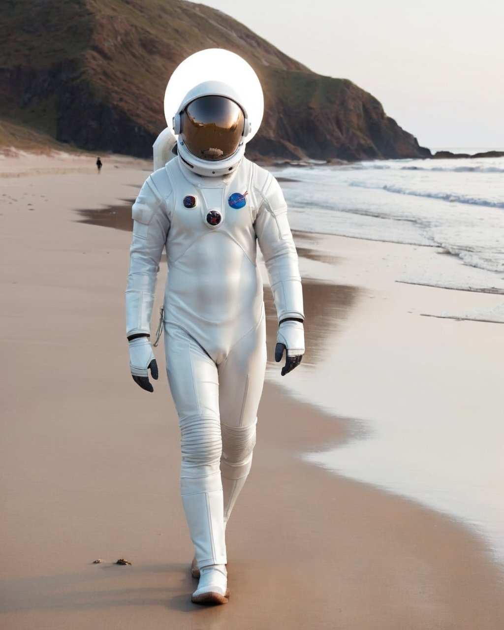 a person in a white space suit walking on a beach