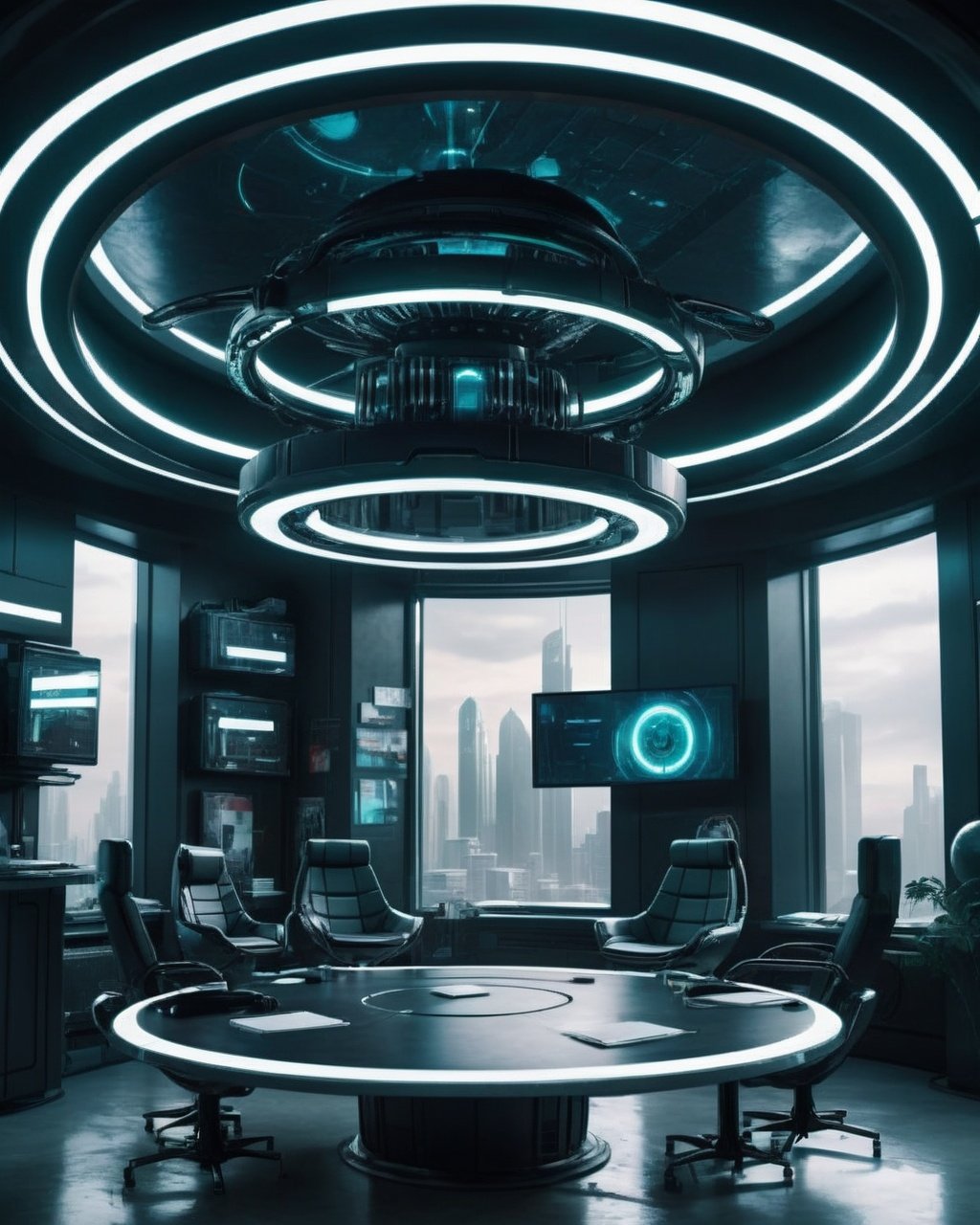 a futuristic office with a circular table and chairs , sci-fi, cyberpunk