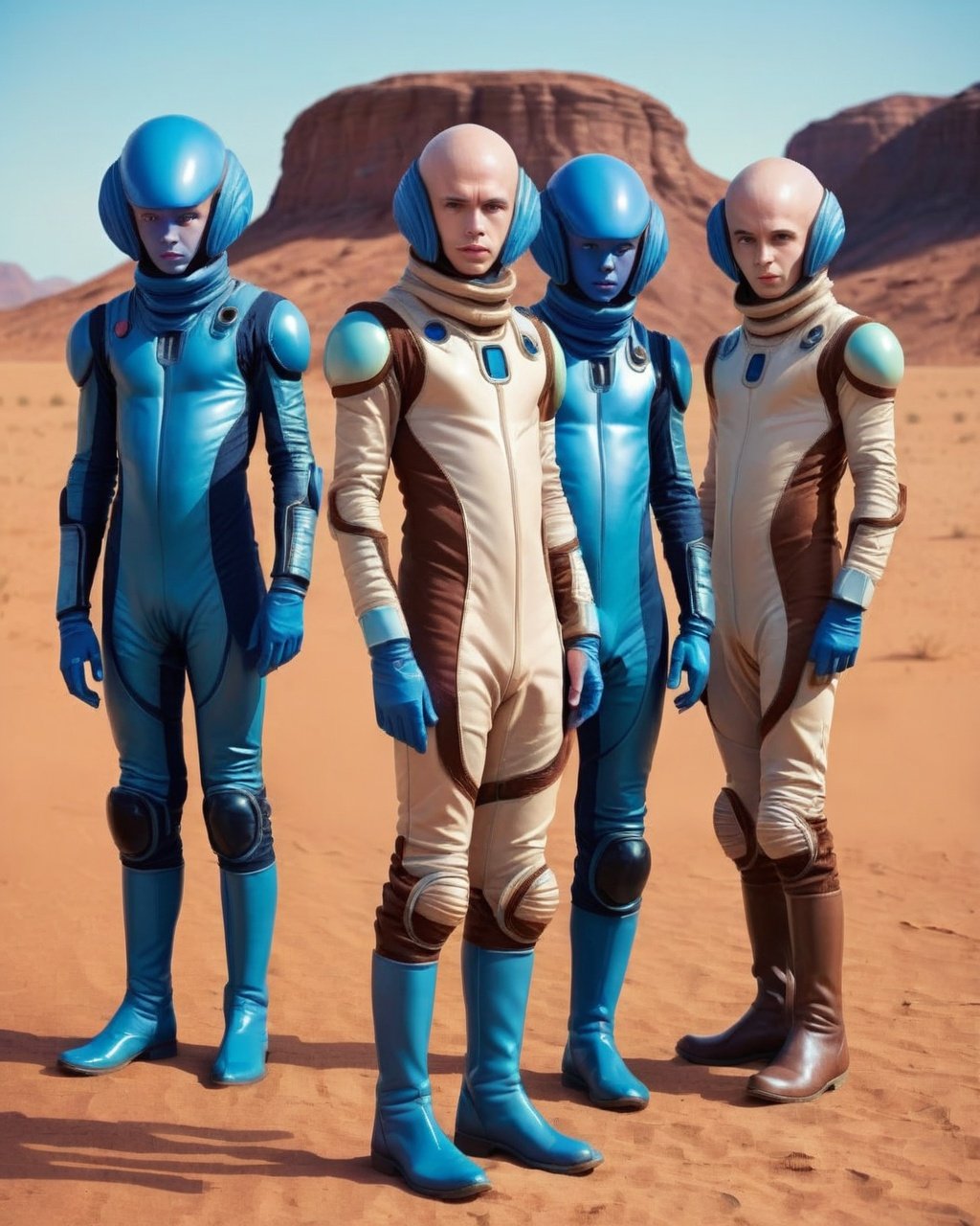 a group of people in costumes standing in a desert , brown hair, male focus, boots, multiple boys, colored skin, parody, science fiction, curly hair, 4boys, realistic, blue skin, retro artstyle, 5boys, bald, alien, spacesuit