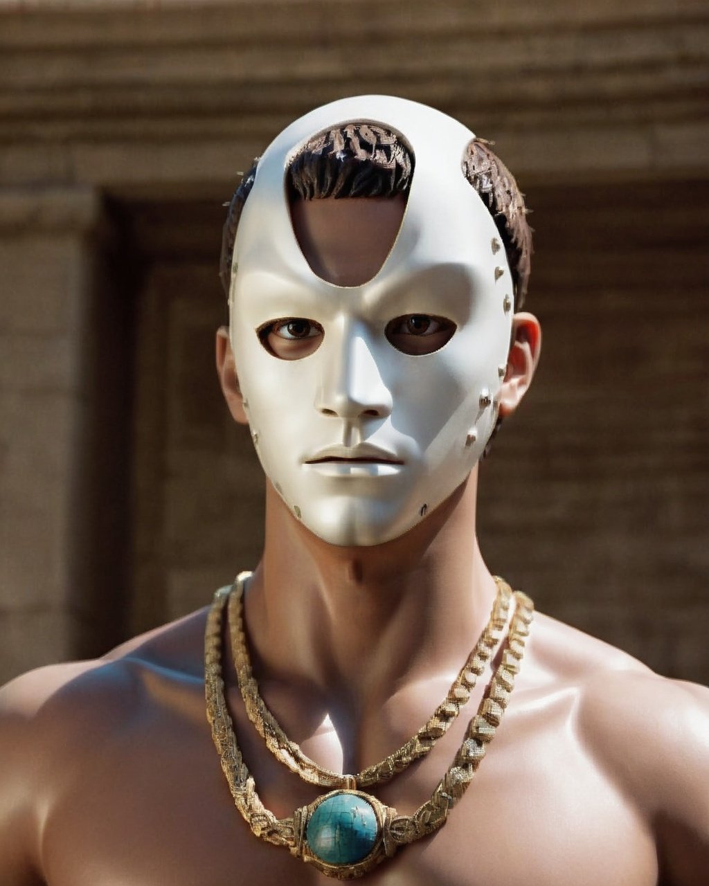 a statue of a person with a mask on , solo, 1boy, brown eyes, jewelry, upper body, male focus, necklace, frown, realistic