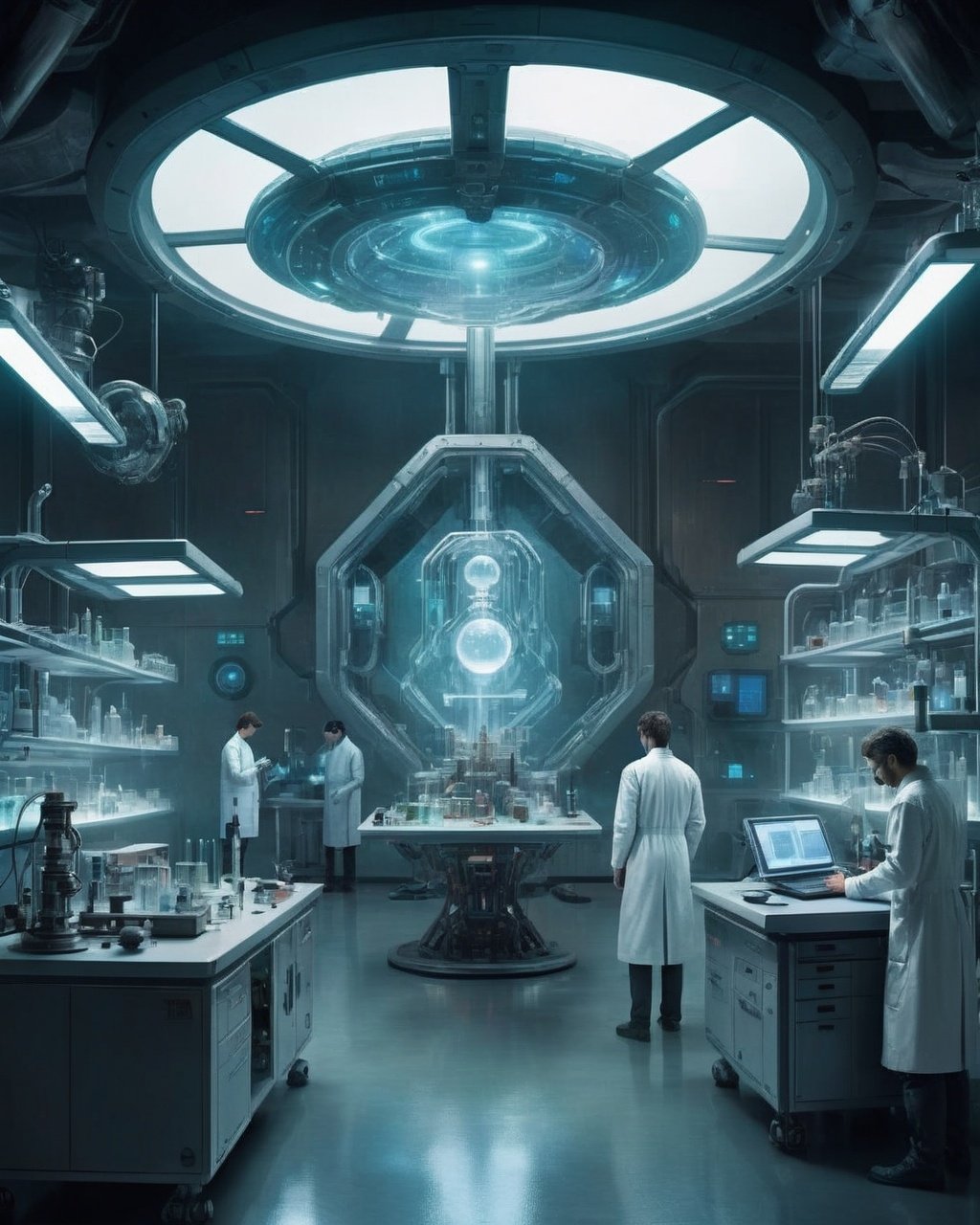 -A mysterious sci-fi scene set in a futuristic laboratory, where a group of scientists is studying a strange and otherworldly substance. Intricate scientific equipment, detailed materials, and atmospheric lighting create a sense of realism and immersion, while a sense of wonder and curiosity adds intrigue and suspense.