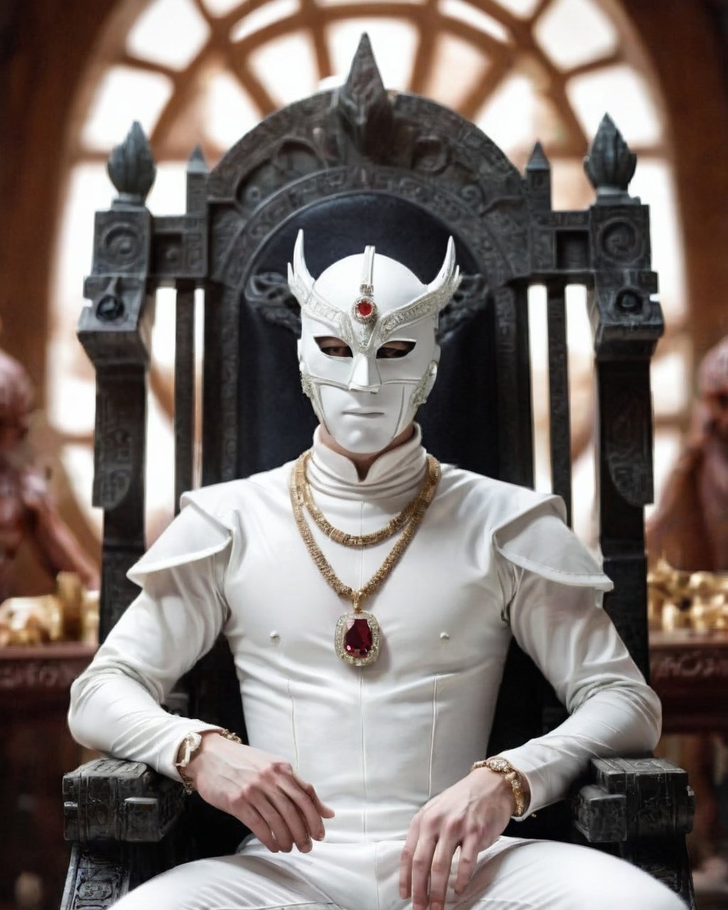 a man in a white costume sitting in a chair , solo, looking at viewer, 1boy, jewelry, sitting, male focus, necklace, mask, own hands together, gem, own hands clasped, throne, statue