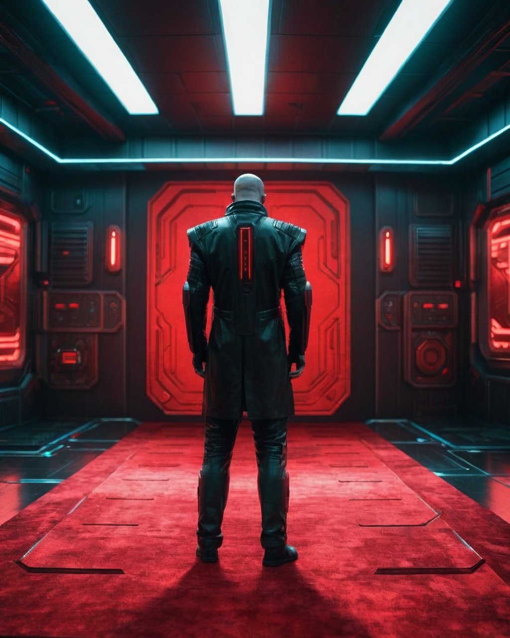 a man standing in a room with red carpet , sci-fi, cyberpunk