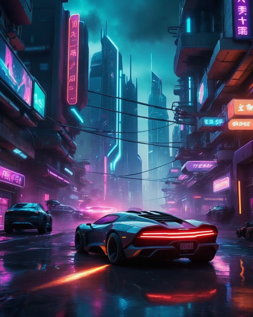 -A thrilling chase scene through a futuristic city, with neon lights, flying cars, and gunfire. Realistic textures and lighting create a hyper-realistic atmosphere.