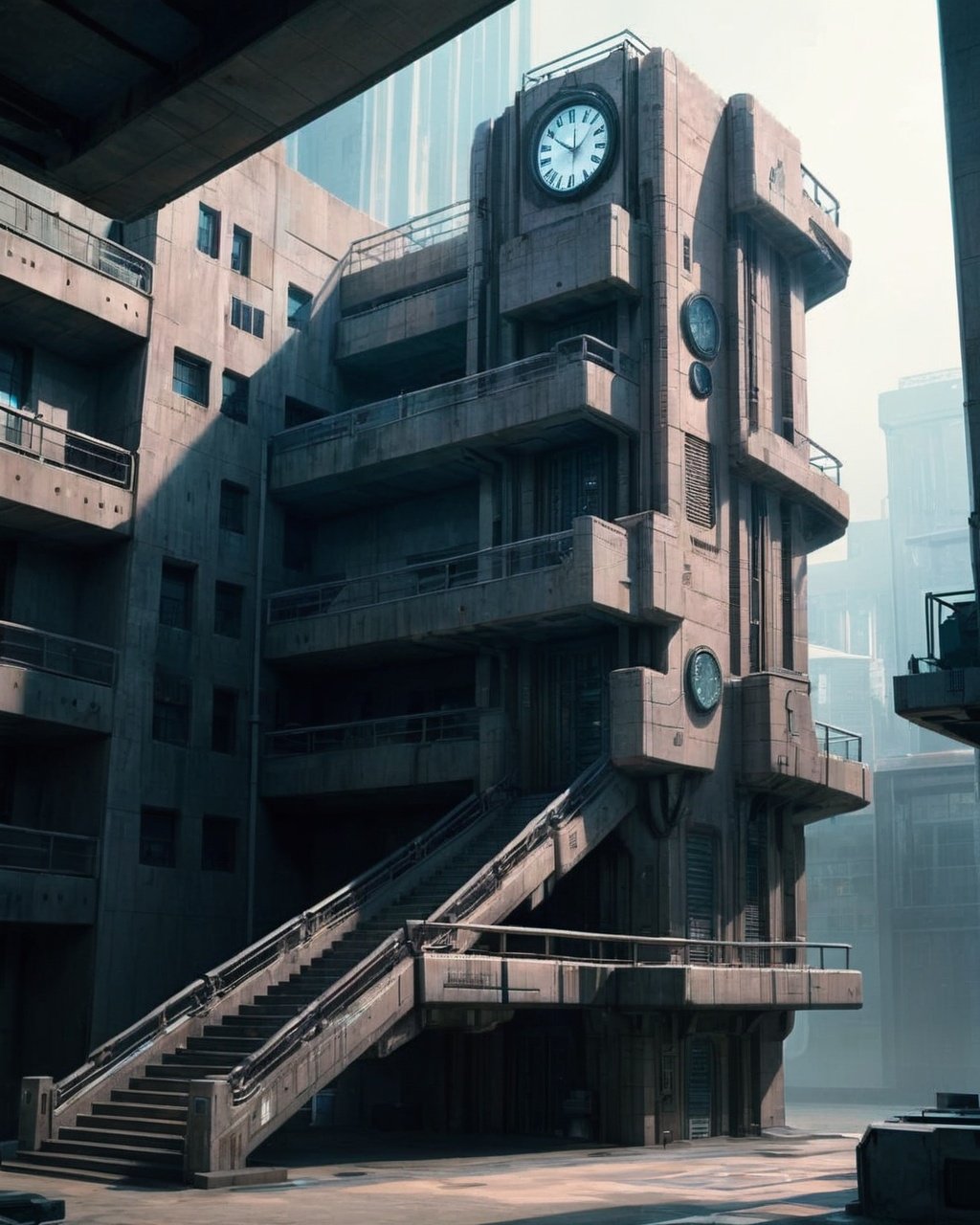 a building with a lot of stairs and a clock , sci-fi, cyberpunk