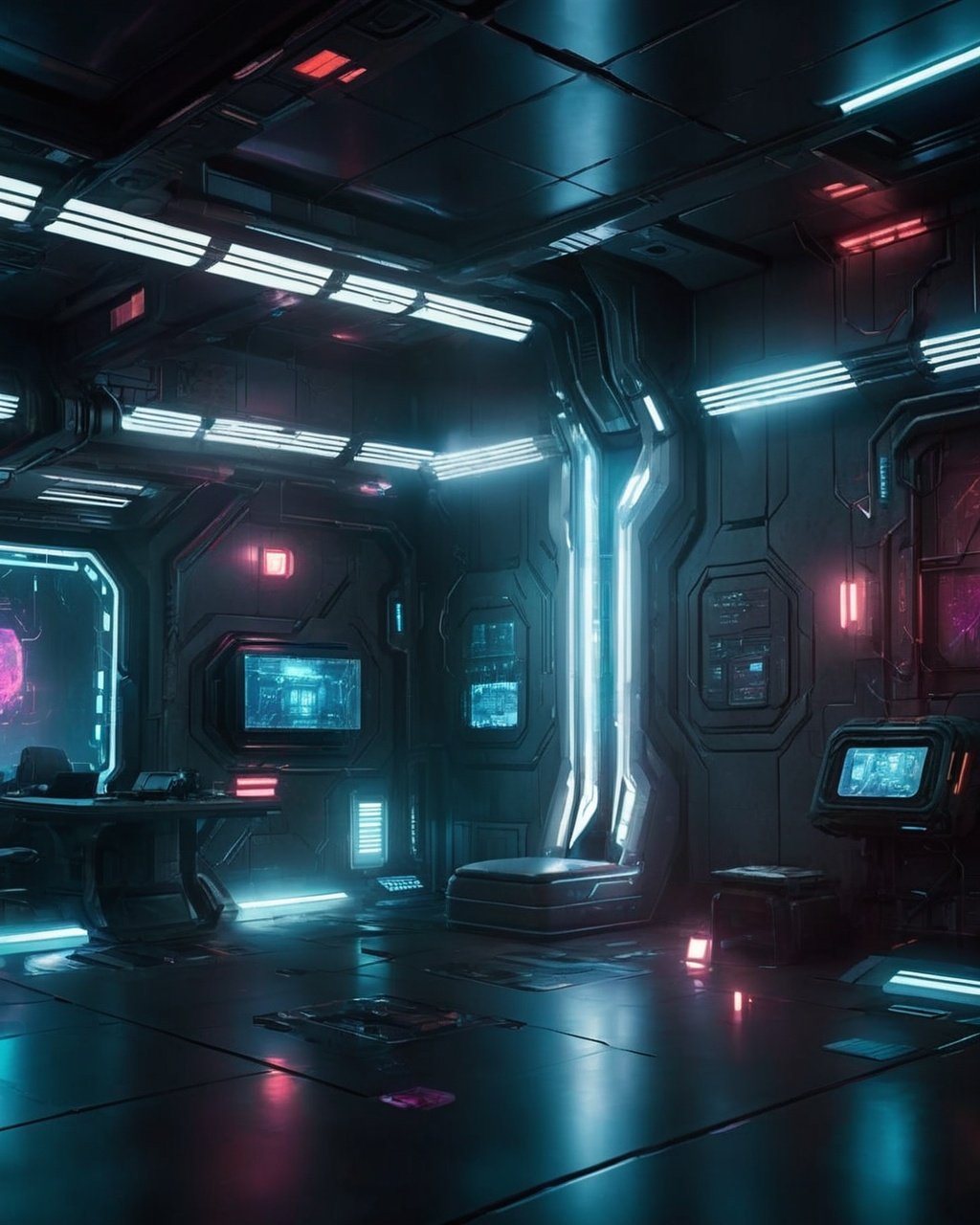 a futuristic looking room with a lot of lights , sci-fi, cyberpunk