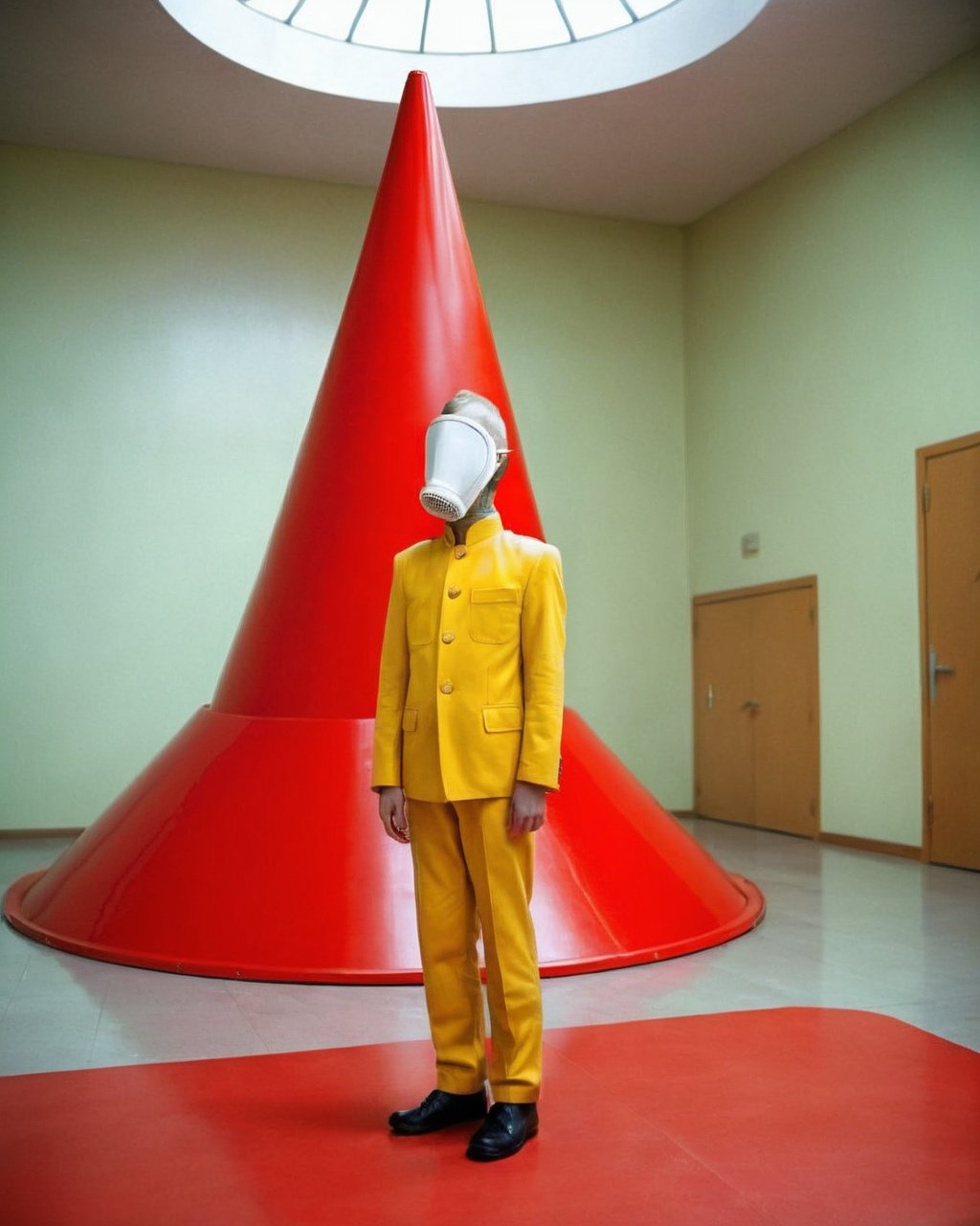 a man in a yellow suit standing in a room with a giant red cone , 1boy, standing, male focus, military, mask, what, surreal