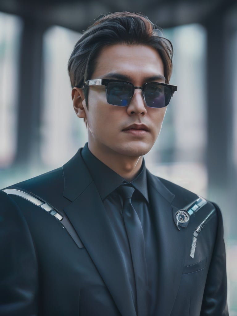 Hyper-realistic potrait of futuristic man wearing a black suit paired with black tie and white t-shirt standing in futuristic city, cyberpunk style, technology, thoughtful expression, shot by Nikon DSLR 8K, film glare, intricate details of man, wearing clear glasses, detailed eyes, intricate eyes,<lora:l3min_SDXL_v1-000009:1>