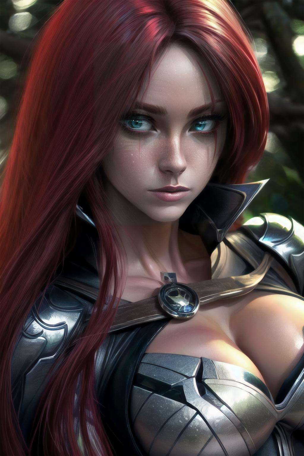 Highly detailed, High Quality, Masterpiece, beautiful, KatarinaClassic,<lora:Katarina-10:1>,  red hair, green eyes,  <lora:more_details:1>,