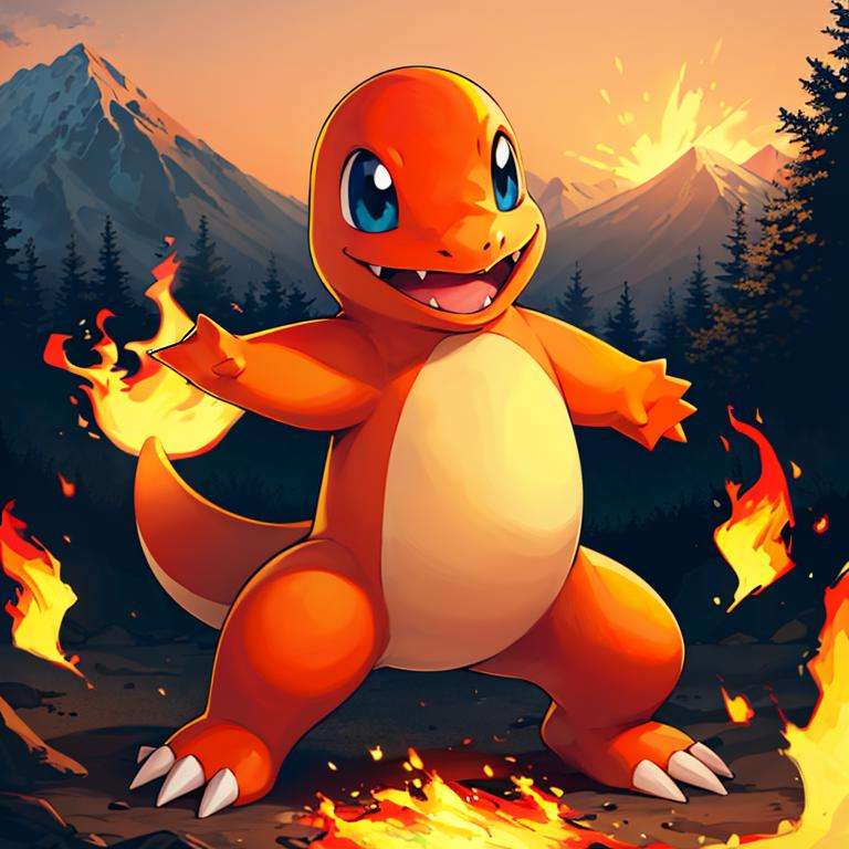 ((masterpiece,best quality)), absurdres,<lora:Charmander_Pokemon:0.7>, Charmander_Pokemon,   flame-tipped tail, pokemon_\(creature\),full_body, facing viewer, looking at viewer,embers, explosion, fangs, swirling flames,mountain, nature, no_humans,  outdoors,  sky, tree