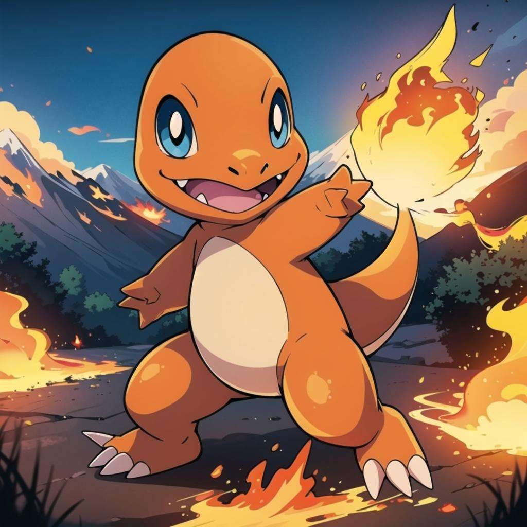 <lora:Charmander_Pokemon:0.8>, Charmander_Pokemon,   flame-tipped tail, pokemon_\(creature\), full_body, facing viewer, looking at viewer, embers, explosion, fangs, swirling flames, mountain, nature, no_humans,  outdoors,  sky, tree