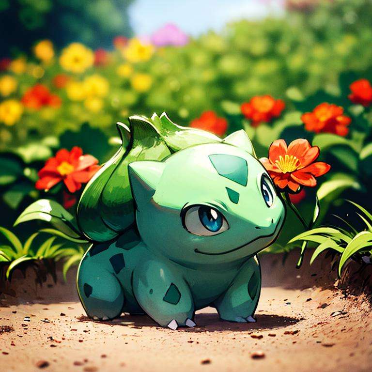 centered, award winning photo, (looking at viewer:1.2), |  Bulbasaur_Pokemon, |garden, flowers,  | bokeh, depth of field, cinematic composition, | <lora:Bulbasaur_Pokemon:0.8>