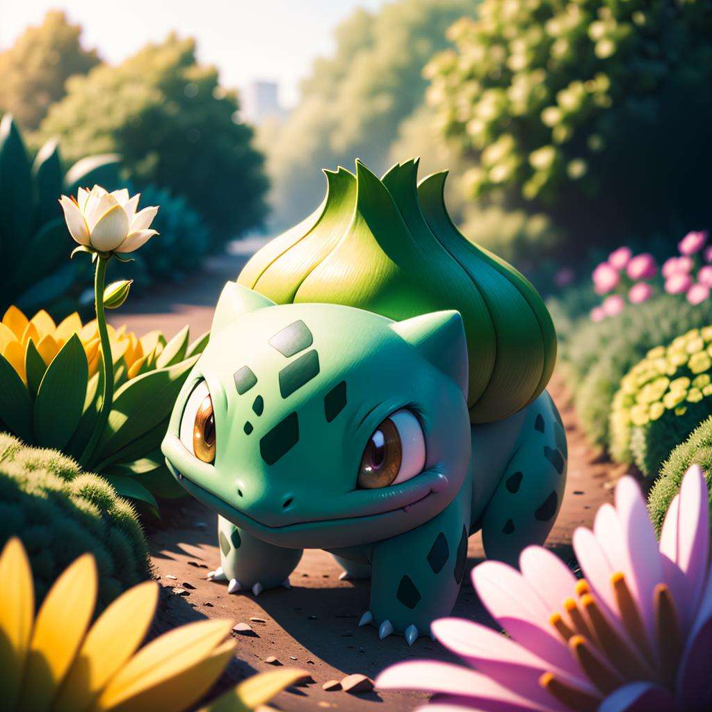 centered, award winning photo, (looking at viewer:1.2), | Bulbasaur_Pokemon,| garden, flowers, | bokeh, depth of field, cinematic composition, |<lora:Bulbasaur_Pokemon:0.8>