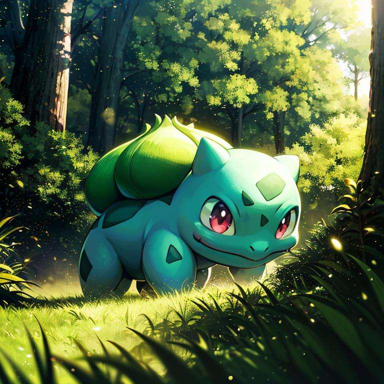 centered, award winning photo, (looking at viewer:1.2), |  Bulbasaur_Pokemon, |forest, big trees | bokeh, depth of field, cinematic composition, | <lora:Bulbasaur_Pokemon:0.8>