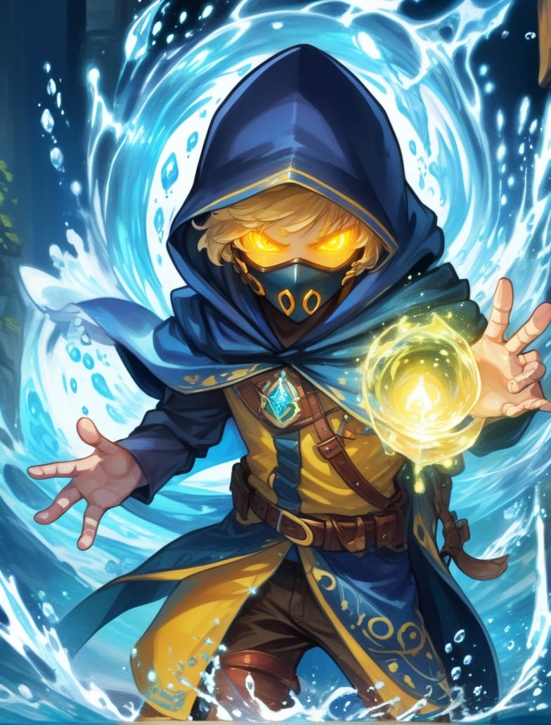 1boy, belt, belt pouch, casting spell, cloak, glowing, hood, male focus, mask, pouch, solo, water, yellow eyes <lora:sdxl_casting_spell-000003:0.65>