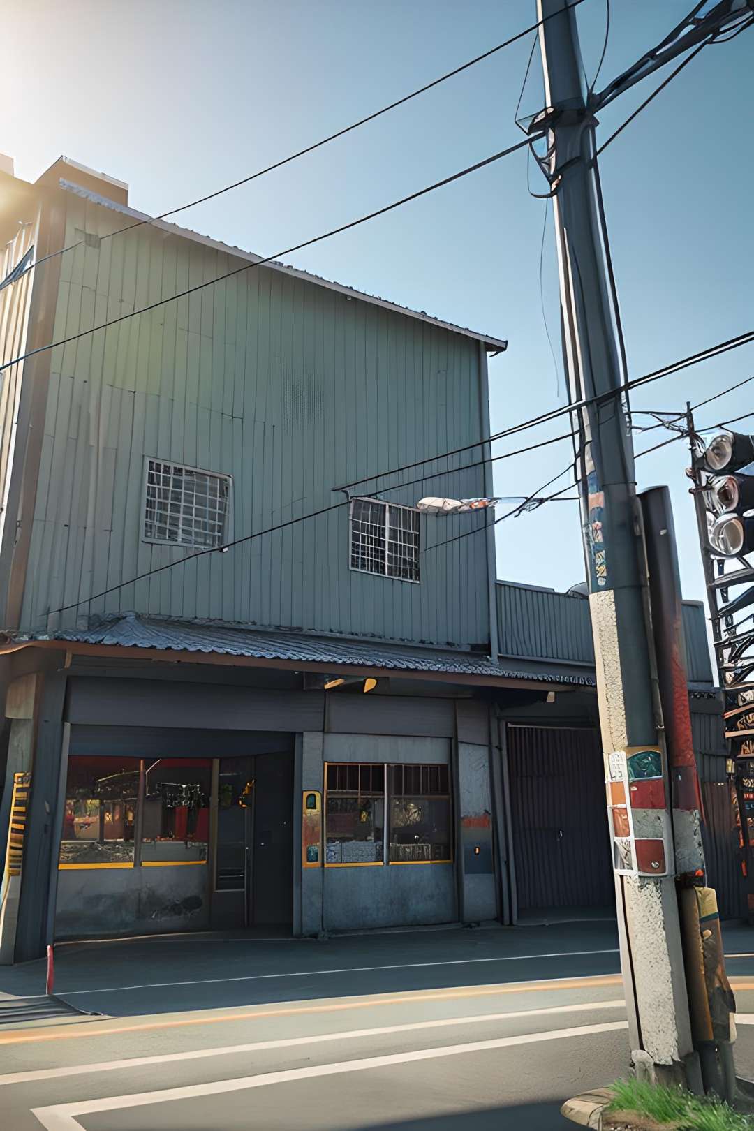 sunny day,city, metal steel building,pole, (motorcycle), (hdr:1.25), (intricate details:1.14), (hyperrealistic 3d render:1.16), (filmic:0.55)