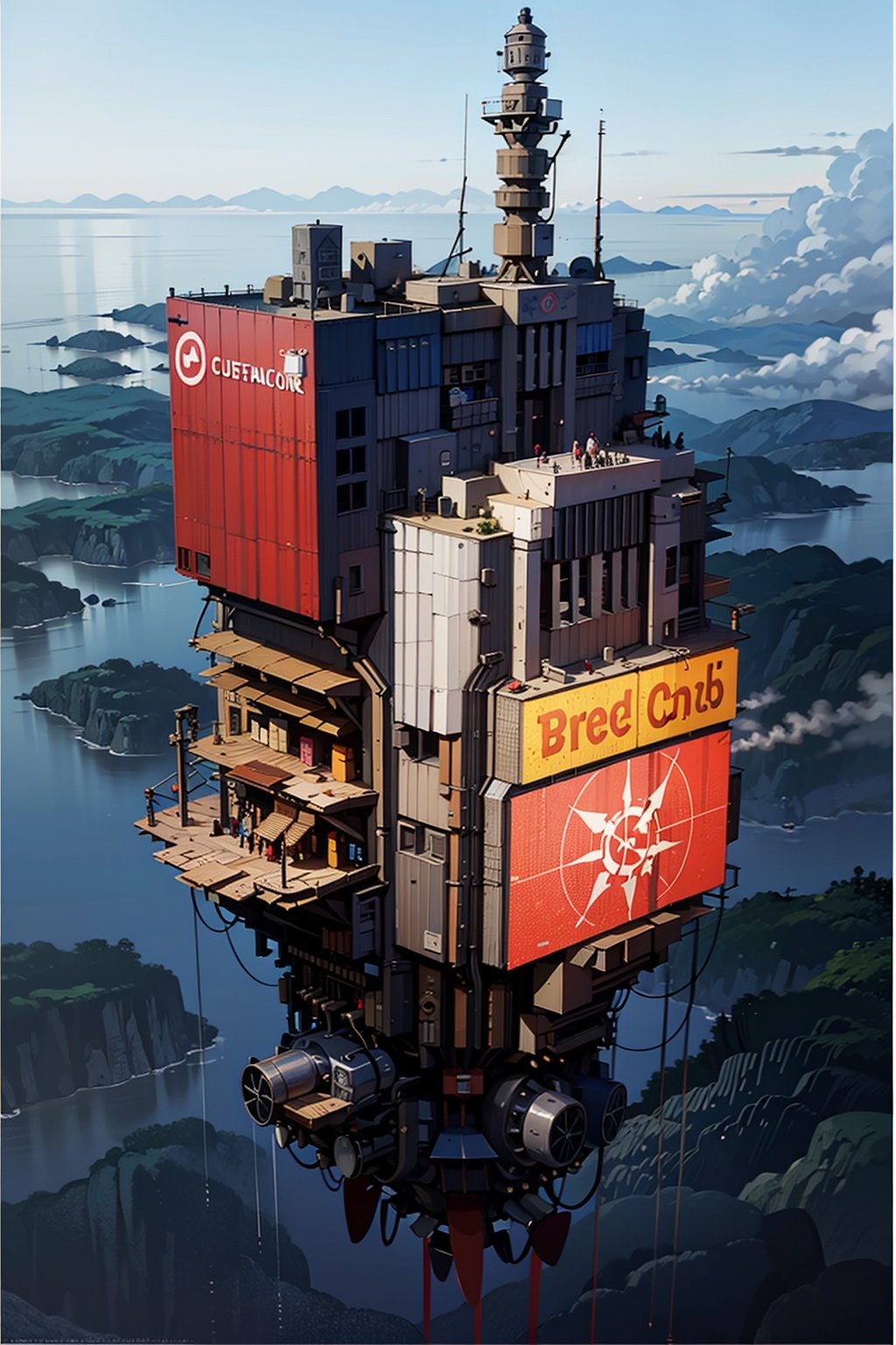 masterpiece, best quality, (Blue sky, Cloudy, cyberpunk, skyscraper, cloud, fog, bird's eye view, from above, aerial view, neon lights, red glow, red light, rain, no humans,Cubist Futurism, brutalist architecture),Suspended city,  <lora:city3   lion128 1 05:1>