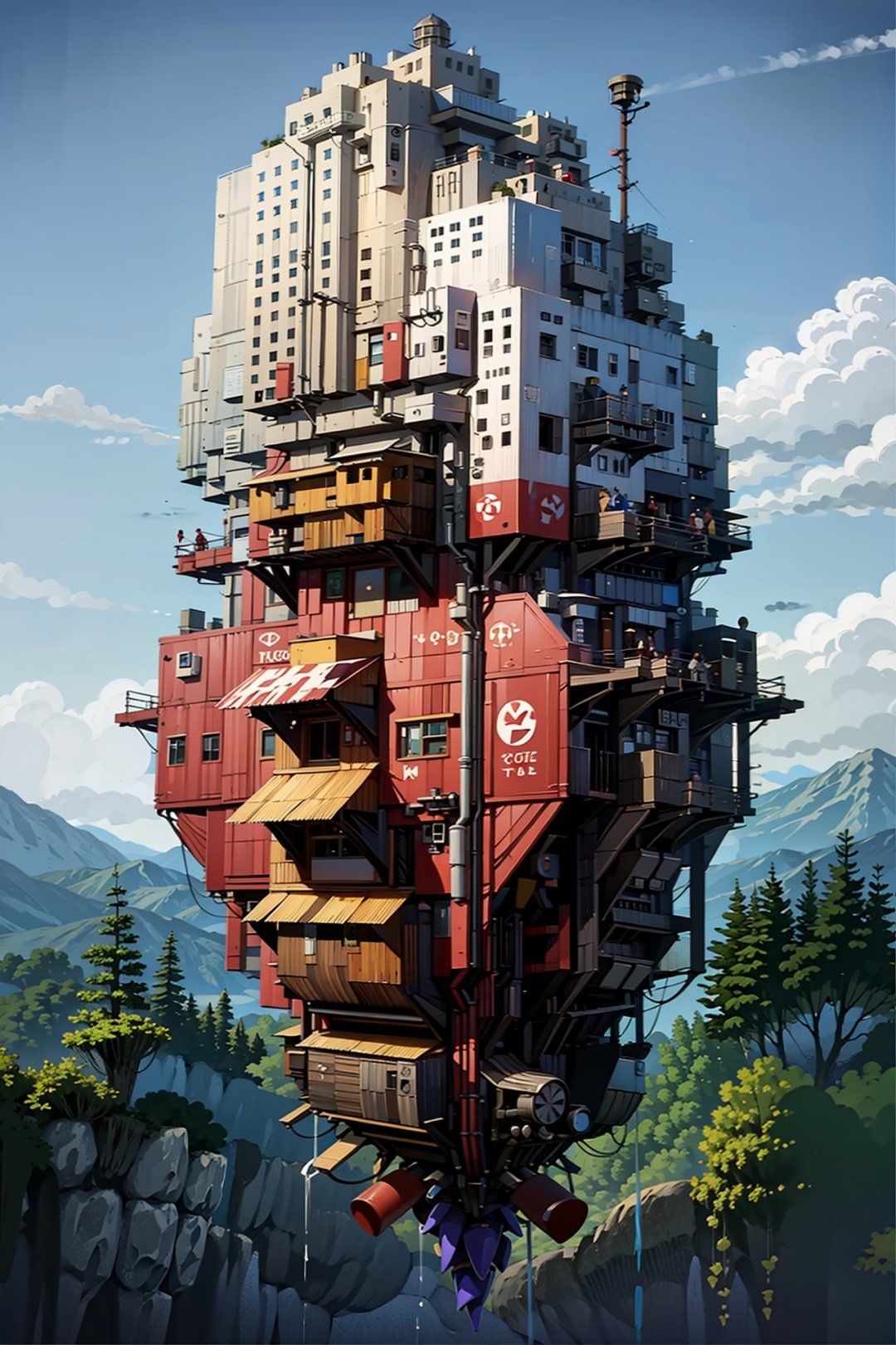 masterpiece, best quality, (Blue sky, Cloudy, Ground, Rivers, A mountain in the distance, Cubist Futurism),Suspended city,  <lora:city3   lion128 1 05:1>