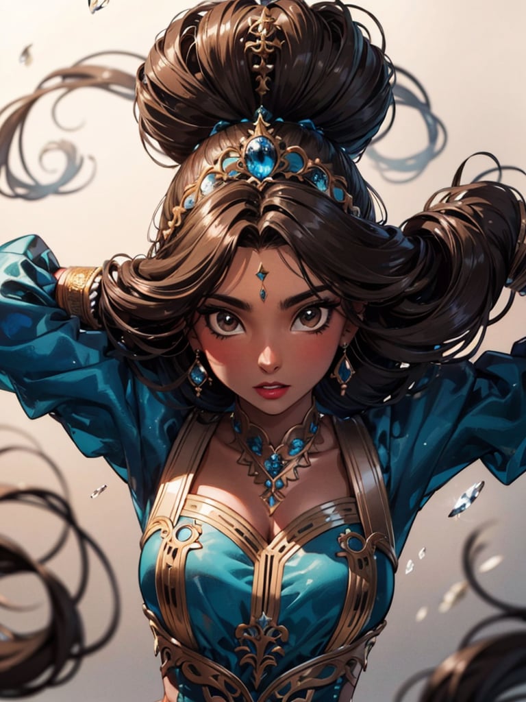 (light brown skin),  Solo,  Jasmine,  black braiding hair,  brown eyes,  ultra-detailed art illustration,  dynamic pose,  masterpiece,  blue clothes, <lora:EMS-1495-EMS:0.300000>, , <lora:EMS-498-EMS:0.300000>, , <lora:EMS-29940-EMS:0.700000>