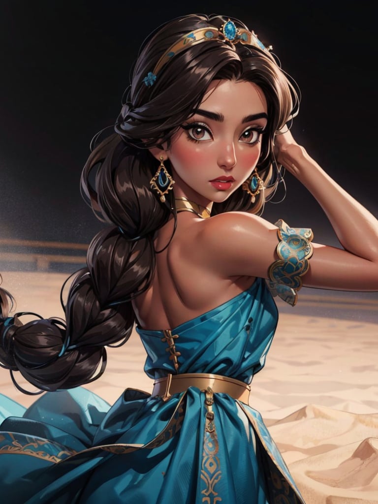 (light brown skin),  Solo,  Jasmine,  long black braiding hair,  brown eyes,  ultra-detailed art illustration,  dynamic pose,  masterpiece,  blue clothes, <lora:EMS-498-EMS:0.300000>, , <lora:EMS-29940-EMS:0.700000>, , <lora:EMS-1495-EMS:0.300000>