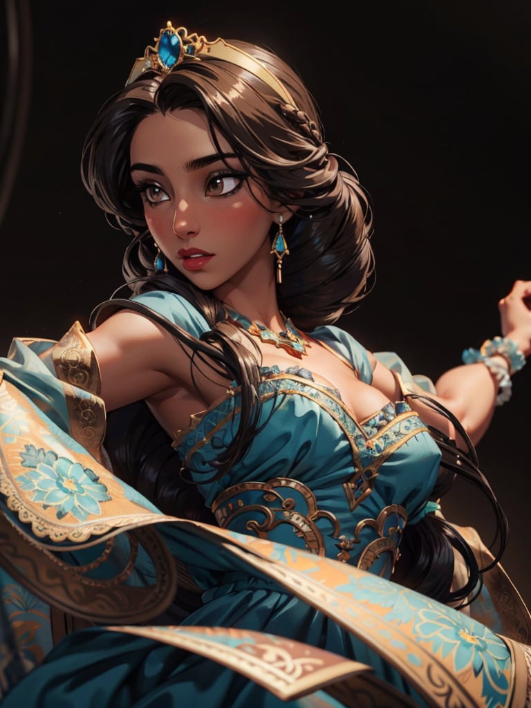 (light brown skin),  Solo,  Jasmine,  long black braiding hair,  brown eyes,  ultra-detailed art illustration,  dynamic pose,  masterpiece,  blue clothes, <lora:EMS-1495-EMS:0.300000>, , <lora:EMS-498-EMS:0.300000>, , <lora:EMS-29940-EMS:0.800000>