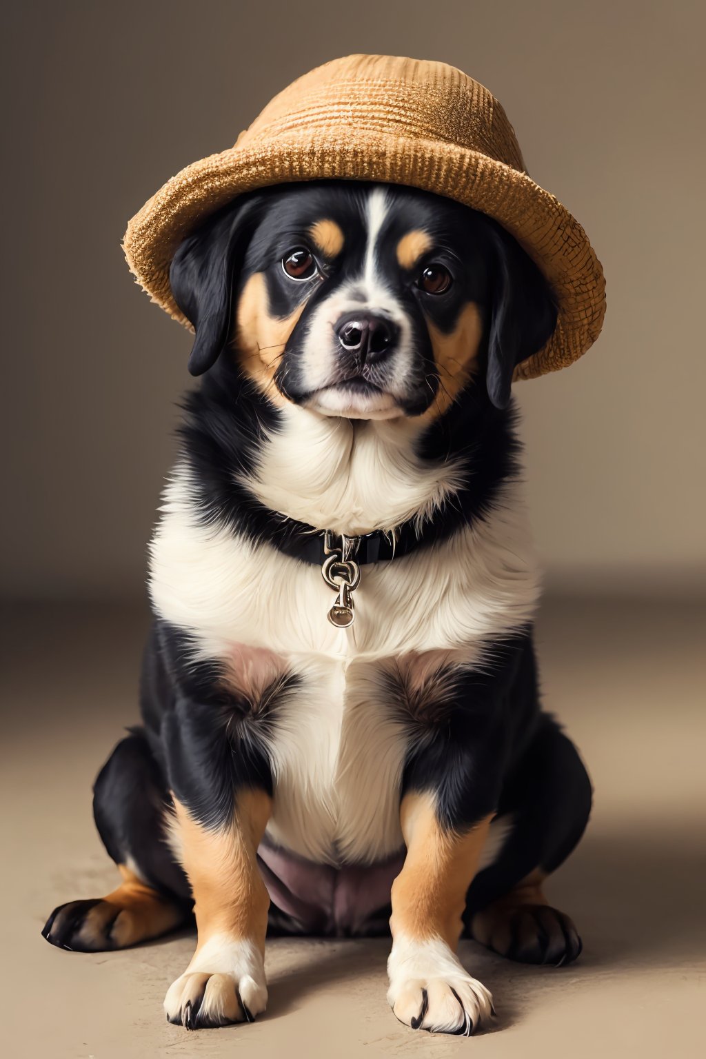 (absurdres, highres, ultra detailed, high resolution:1.1), dog, realistic, non-human, hairy, hat, cute, full body, (dressed animal, clothed animal:1.2),