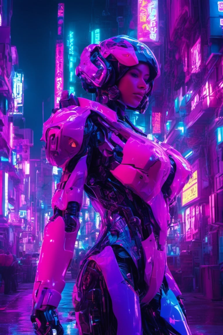 neon,ddia6-mecha, solo, looking at viewer, standing, medium breasts, science fiction . cyberpunk, vaporwave, neon, vibes, vibrant, stunningly beautiful, crisp, detailed, sleek, ultramodern, magenta highlights, dark purple shadows, high contrast, cinematic, ultra detailed, intricate, professional