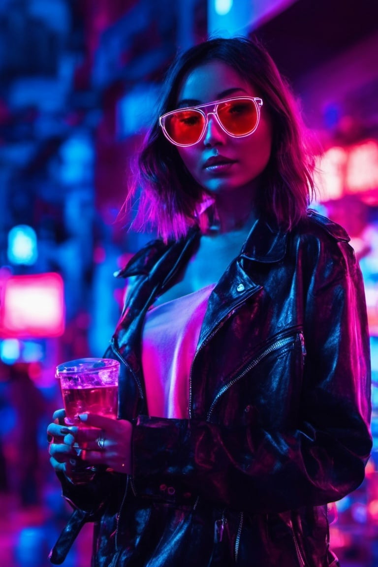 neon,girl wearing sunglasses,operate,