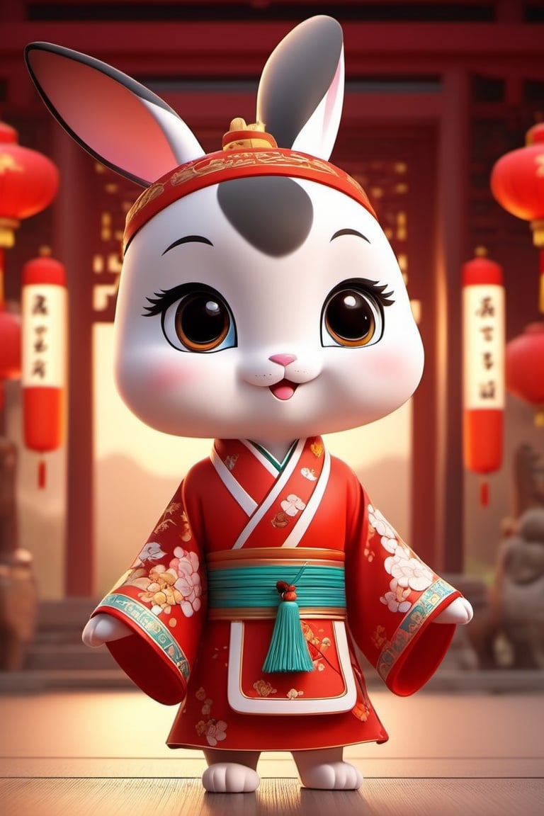 3d,3d style A cute Chinese style cartoon rabbit with an ancient style character image,A pair of big eyes,dressed in Chinese Hanfu! ! ! , with full body front view, high – quality, silhouette light, and a Chinese style architectural background, highly detailed and full of vitality. Cinematic, stunning,realistic, dramatic, shocking, with a 35mm lens, realistic and warm light, with ray tracing of 8k POP Mart style, Chinese style, super fine, soft focus, oc rendering, 3d