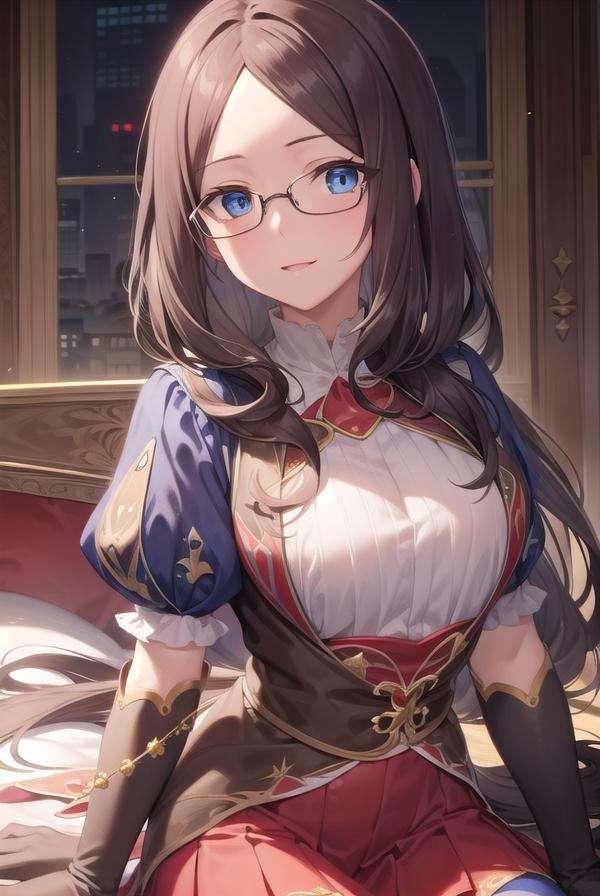 leonardodavinci, <lora:leonardodavinci-lora-nochekaiser:1>,leonardo da vinci, blue eyes, brown hair, glasses, long hair, semi-rimless eyewear, under-rim eyewear,BREAK blue gloves, blue thighhighs, cape, elbow gloves, gloves, pleated skirt, puffy short sleeves, puffy sleeves, red skirt, short sleeves, skirt, thighhighs,BREAK looking at viewer,BREAK indoors,BREAK <lyco:GoodHands-beta2:1>, (masterpiece:1.2), best quality, high resolution, unity 8k wallpaper, (illustration:0.8), (beautiful detailed eyes:1.6), extremely detailed face, perfect lighting, extremely detailed CG, (perfect hands, perfect anatomy),