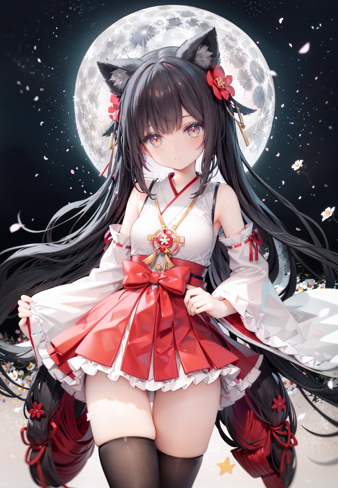 1girl, long hair, solo, thighhighs, black hair, hair ornament, moon, japanese clothes, skirt, detached sleeves, white thighhighs, miko, hakama short skirt, hair flower, very long hair, ribbon trim, ribbon-trimmed legwear, full moon, hakama skirt, hakama, brown eyes, outdoors, night, standing, looking at viewer, flower, hand on hip, tree, red skirt, sky, wide sleeves, smile, ribbon-trimmed sleeves, star (sky), fence, blush, bangs, zettai ryouiki, bare shoulders, night sky, red eyes, nontraditional miko, red hakama, thighs, closed mouth