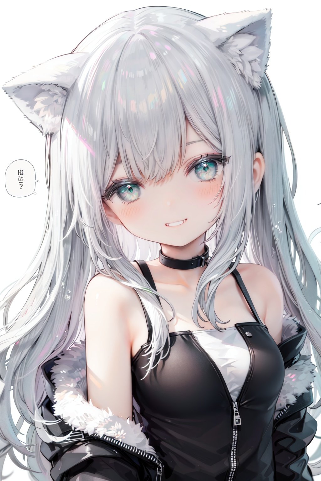 1girl, solo, green eyes, smile, long hair, cat ears, looking at viewer, animal ears, white background, simple background, bangs, silver hair, upper body, speech bubble, jacket, black jacket, head tilt, bare shoulders, eyebrows visible through hair, off shoulder, half-closed eyes, grin, arm up, collarbone
reflection light,