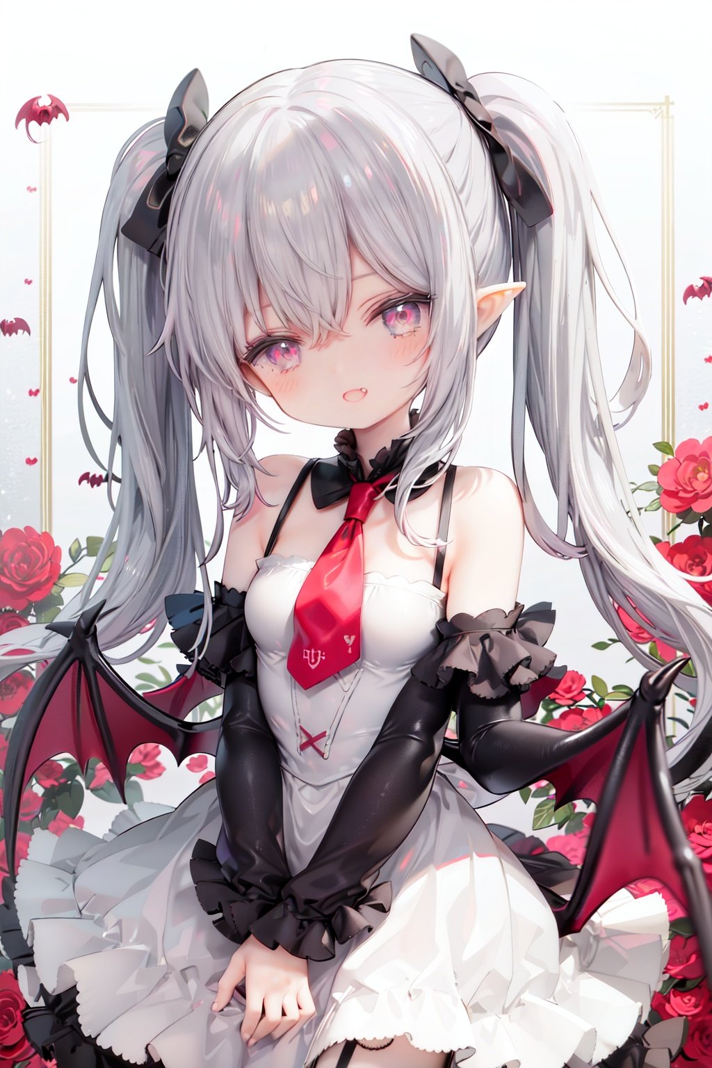 1girl, (crimson inner highlights with silver twintails:1.4),messy hair and (hair intakes:1.2), (hair between eyes, swept bangs) , long hair, solo, hair ornament, skirt, hair flower, very long hair, ribbon trim, crimson eyes, looking at viewer, flower, ((white skirt)), smile, bangs, zettai ryouiki, crimson pupils,floating hair, crimson gradient hair, dress,shirt, neck ribbon, gem, cowboy shot, (chibi:1.25), (loli:1.5),(petite), petety,sidelighting,intricate,cute,adorable,8k beautiful portrait, slightly flush,god rays,(the best quality:1.2), (super fine illustrations:1.2), 8k beautiful portrait, (illustration), extremely detailed, CG ,unity, 8k wallpaper, mary jane shoes, long sleeves, medium breasts, necktie, Camellia, pleated dress, half-closed eyes, v arms, bat hair clips, batwing, fluttering hair, (vampire:1.5), (pale skin), gothic style, gothic lolita, gothic architecture, (elf), smug, open mouth,, garter belt, fantasy.