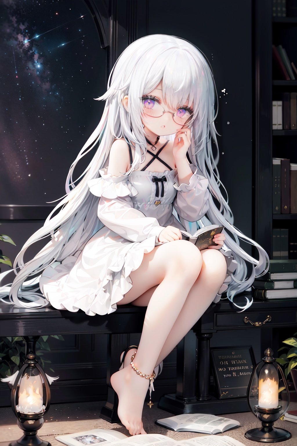 //,masterpiece, ((best quality)), (ultra-detailed), (illustration), an extremely delicate and beautiful, dynamic angle, chromatic aberration,((Medium shot)), ((colorful)),//,1girl,little girl,1girl,loli,petite,loli,looking away,Black rimmed glasses,dress,Constellation print,anklet,barefoot,sitting,(white hair:1.3),(long hair:1.3),ahoge,purple eyes,open mouth,(Dim light),classical,library, plant, Oil lamp,