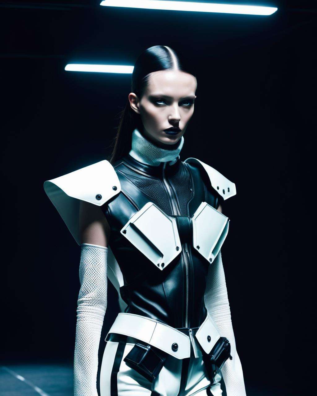 a weird fashion runway inspired by 90s cyberpunk , by Lisa Thon , by Tomas Maier , by Michelle Liu ,  cinematic, detailed face, perfect photography<lora:weird_runway:1.0>