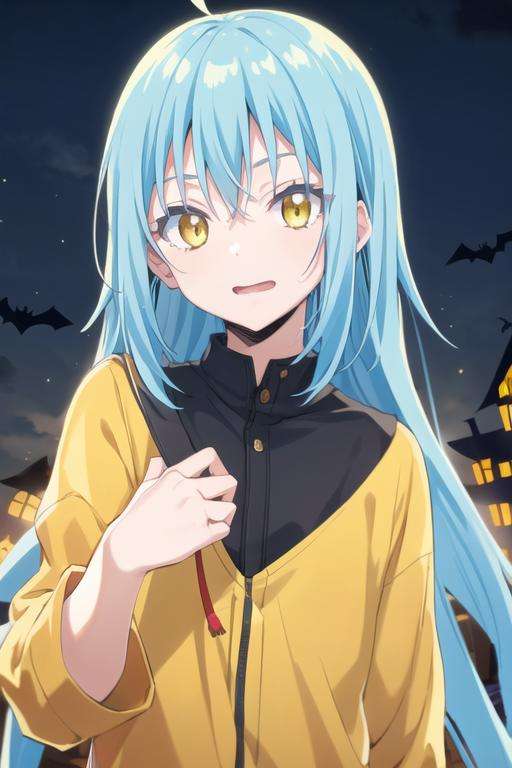 masterpiece, best quality, wallpaper, 1boy, solo, male focus, looking at viewer, upper body, , <lora:rimuru_tempest:0.72>, rimuru_tempest, blue hair, yellow eyes, long hair, halloween costume, , 16k resolution