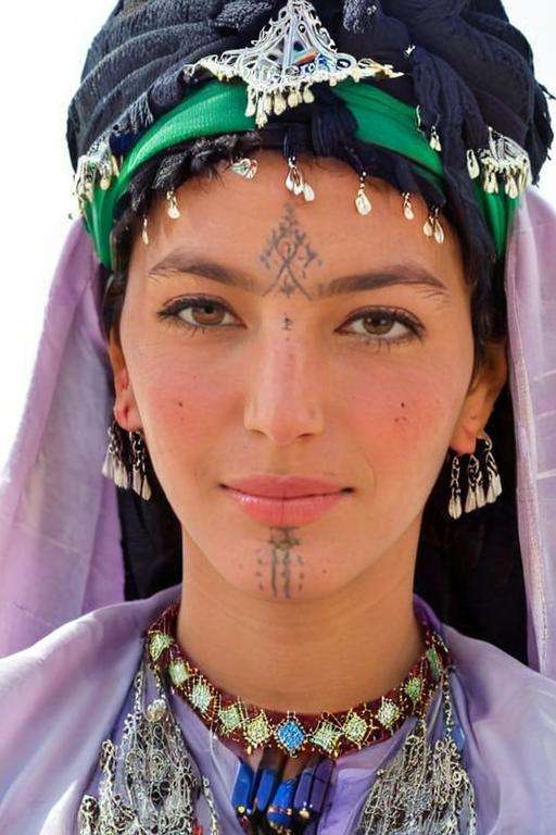 (moroccan),  woman wearing traditional isni ,  (traditional chin tattoo) on Tensor.Art