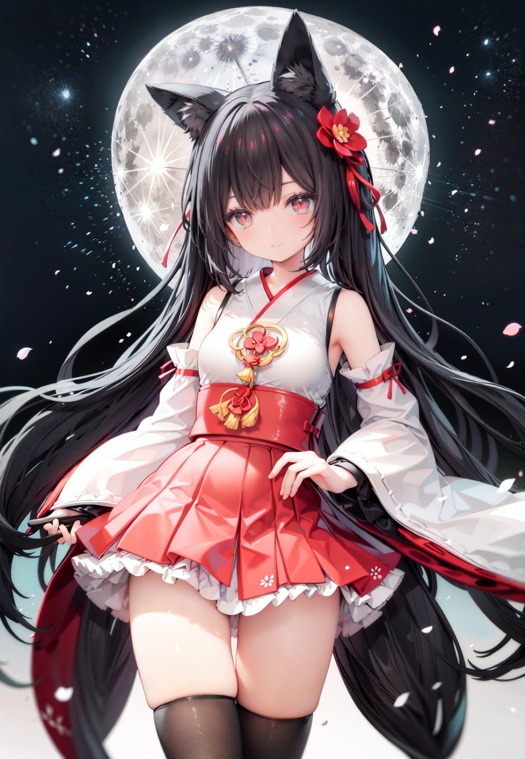 1girl, long hair, solo, thighhighs, black hair, hair ornament, moon, japanese clothes, skirt, detached sleeves, white thighhighs, miko, hakama short skirt, hair flower, very long hair, ribbon trim, ribbon-trimmed legwear, full moon, hakama skirt, hakama, brown eyes, outdoors, night, standing, looking at viewer, flower, hand on hip, tree, red skirt, sky, wide sleeves, smile, ribbon-trimmed sleeves, star (sky), fence, blush, bangs, zettai ryouiki, bare shoulders, night sky, red eyes, nontraditional miko, red hakama, thighs, closed mouth