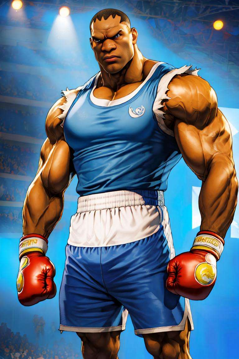 (best quality, masterpiece, ultra detailed:1.2), SFBalrog, ((blue sleeveless t-shirt, blue shorts:1.2)),detailed eyes, best quality, masterpiece, highres, perfect picture, highly detailed, high contrast , digital colors, bright colors, perfect face, looking to viewer <lora:SFBalrogv2-stasis-000003:1> hdr, Balrog, muscular, boxing gloves, boots, standing, boxing ring, fighting pose, looking angry, crowded ambiance, bright lighting, colorful,