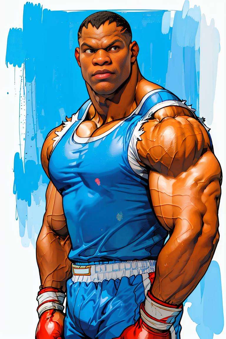 (best quality, masterpiece, ultra detailed:1.2), SFBalrog, boxing gloves, blue sleeveless t-shirt, blue shorts, fighting pose, boxing arena, detailed eyes, best quality, masterpiece, highres, perfect picture, highly detailed, high contrast , digital colors, bright colors, perfect face, looking to viewer <lora:SFBalrogv2-stasis-000003:1>