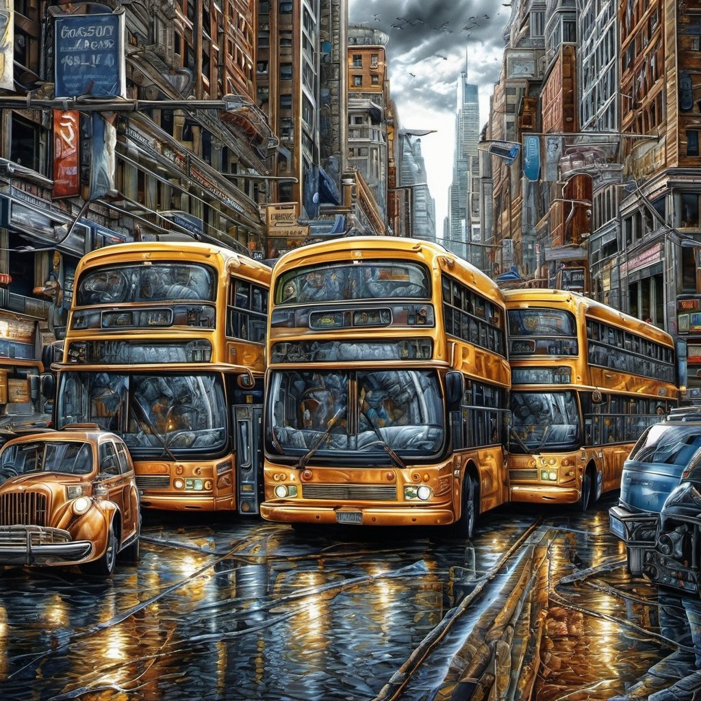 art by Cameron Gray "Buses On The Street" ultra highly detailed, detailed digital painting, highly detailed, intricate detail, clarity, high quality, 32K