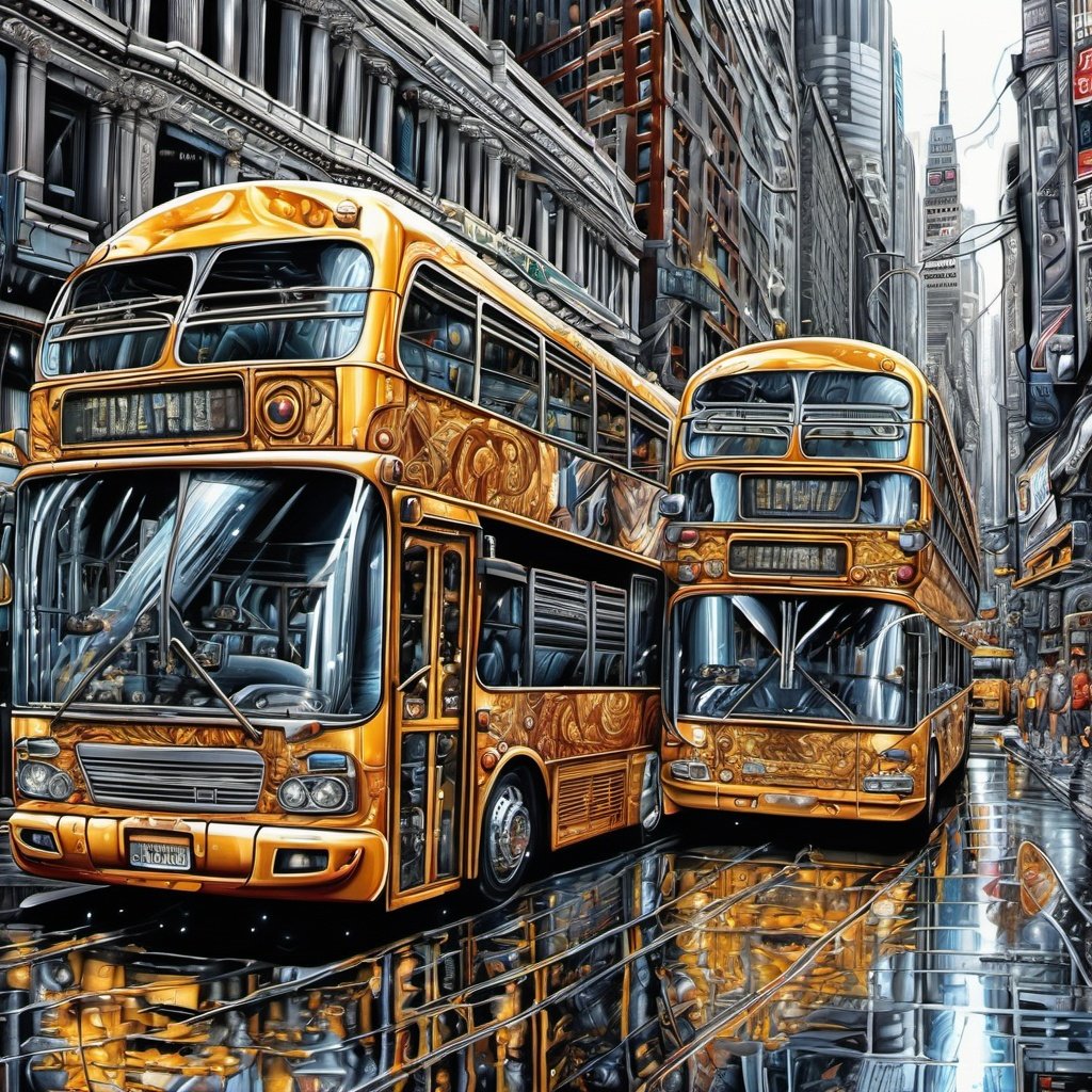 art by Cameron Gray "Buses On The Street" ultra highly detailed, detailed digital painting, highly detailed, intricate detail, clarity, high quality, 32K