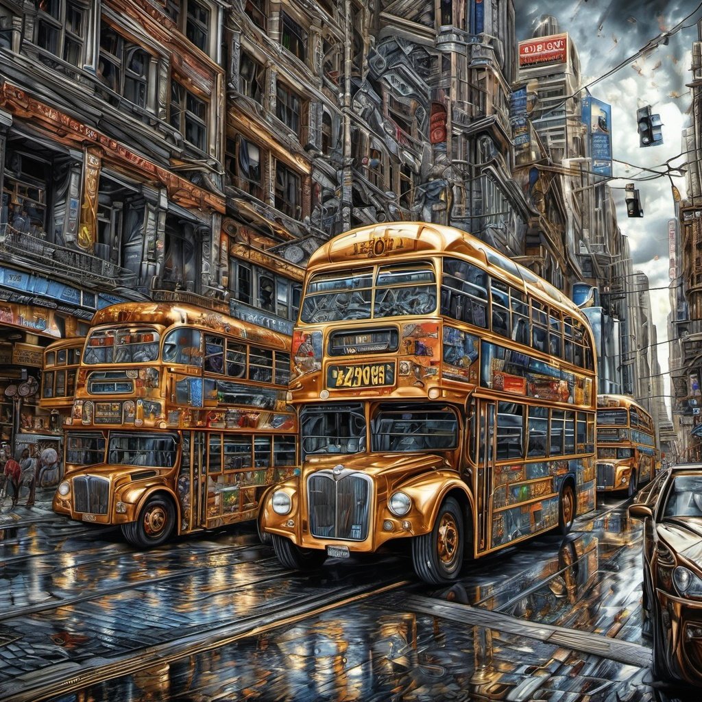 art by Cameron Gray "Buses On The Street" ultra highly detailed, detailed digital painting, highly detailed, intricate detail, clarity, high quality, 32K