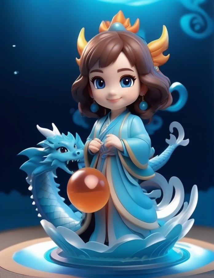 1girl, 3d figure, blue eyes, brown hair, bubble, dragon, earrings, eastern dragon, full body, glowing, jewelry, long sleeves, looking at viewer, smile, solo, standing, water <lora:sdxl_3dfigure-000002:0.65>